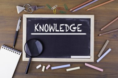 Bilgi. Tebeşir tahtası üzerinde metin. Bir magnifyi ile ahşap masa