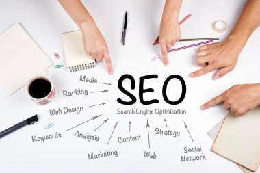 SEO arama motoru optimizasyonu kavramı. Beyaz toplantıda