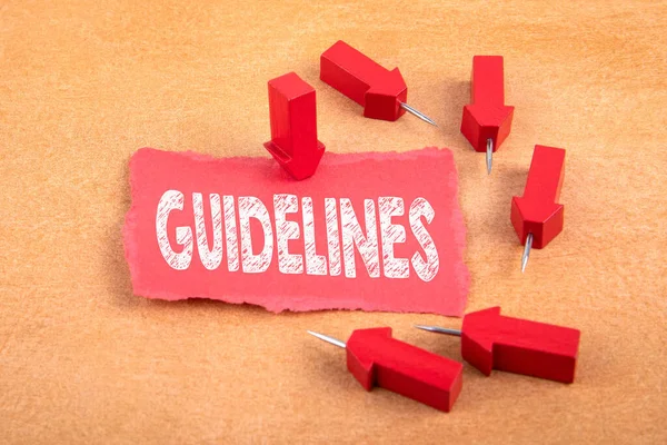 GUIDELINES. Rules, guide and recommendations concept. Red arrows with pins