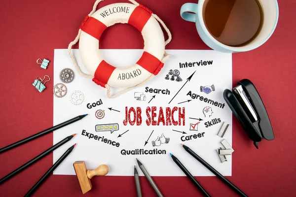 Job Search Concept. Grafiek met trefwoorden en pictogrammen. Kantoorartikelen op een tafel — Stockfoto