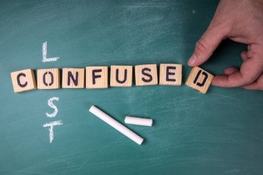 Karışık ve kayıp konsept. Tahta alfabenin harflerinden bir metin.