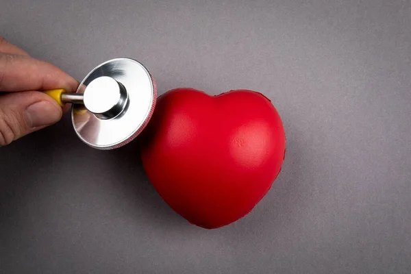 Heartbeat and health check. red rubber heart and stethoscope on a gray background — Stock Photo, Image