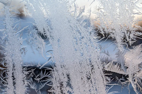 Heating season. Ice flower on a frozen window. Energy efficiency and weather conditions — Stock Photo, Image