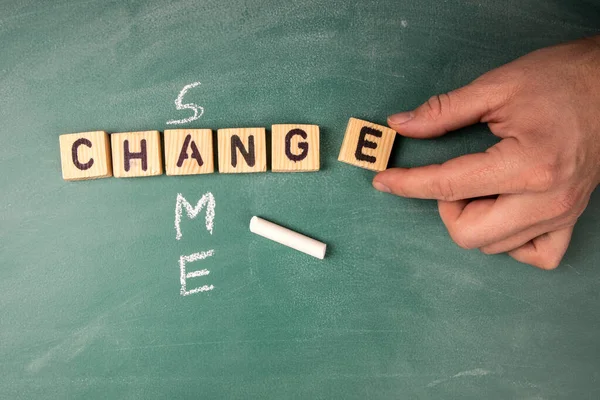 Förändring och samma koncept. Text från bokstäver i träalfabetet på en grön kritbräda — Stockfoto