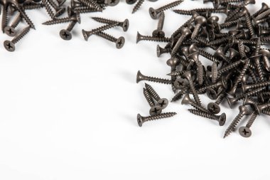 Beyaz arka planda siyah vidalar. Uzayı kopyala Sıva tahtası vidaları