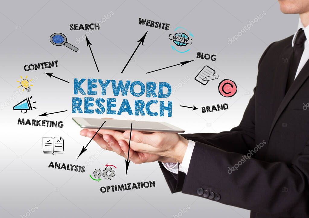 Keyword Research. Content, Blog, Brand and Marketing concept. Man holding a tablet computer