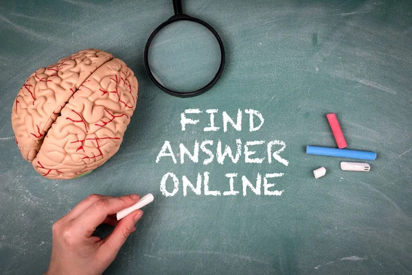 Find answer online. Magnifying glass and pieces of chalk on a green chalkboard