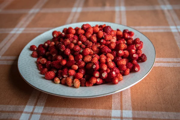 Fresas silvestres en un plato en la mesa de la cocina —  Fotos de Stock