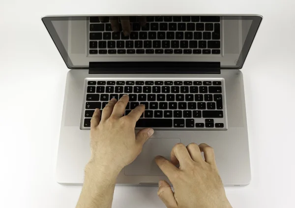 Businessman working on laptop, hands typing — Stock Photo, Image