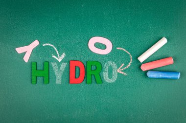 Hydro Energy Concept with Colorful Letters and Chalk Arrows on Green Board.