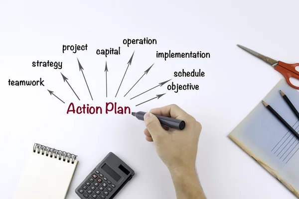 Hombre de negocios escribir plan de acción — Foto de Stock