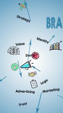 Brand Business konsepti. Mavi arkaplanda resimli simgeler, anahtar sözcükler ve oklar