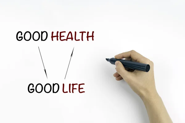 Hand met de markeerdraad schrijven van de tekst - een goede gezondheid en goed leven — Stockfoto