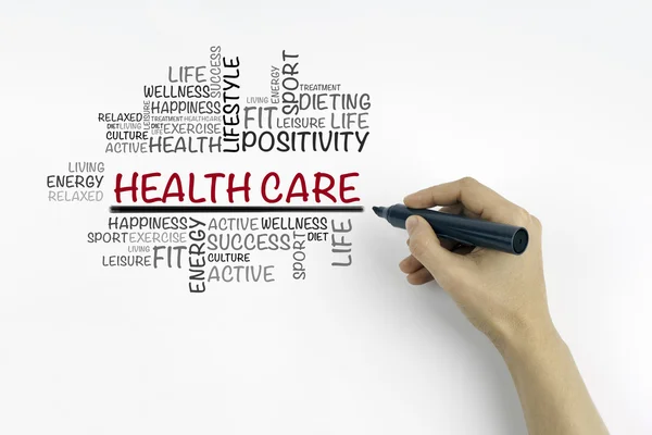 Hand with marker writing Health care word cloud, fitness, sport, — Stock Photo, Image