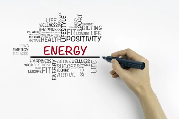 Hand with marker writing Energy word cloud, fitness, sport, heal — Stock Photo, Image