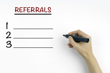 Hand with marker. Referrals blank list, business concept clipart