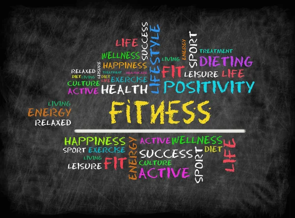 Chmura słowa fitness, siłownia, sport, koncepcja zdrowia na chalkboar — Zdjęcie stockowe