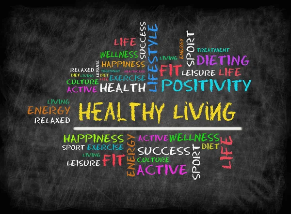 Healthy ζουν λέξη σύννεφο, fitness, αθλητισμός, υγεία έννοια σε ch — Φωτογραφία Αρχείου
