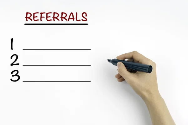 Hand with marker. Referrals blank list, business concept — Stock Photo, Image