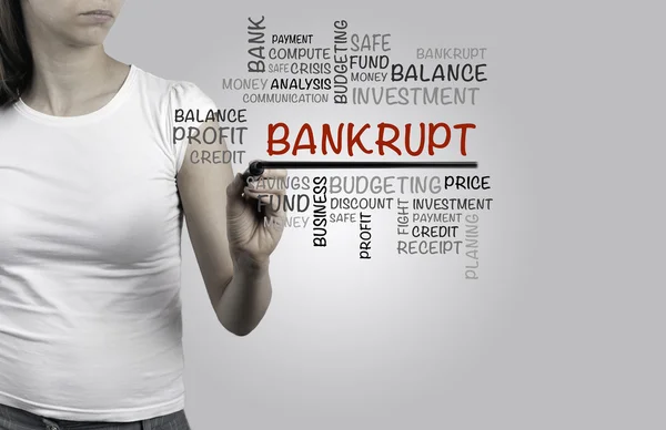 Beautiful woman writing - BANKRUPT word cloud, business concept — Stock Photo, Image