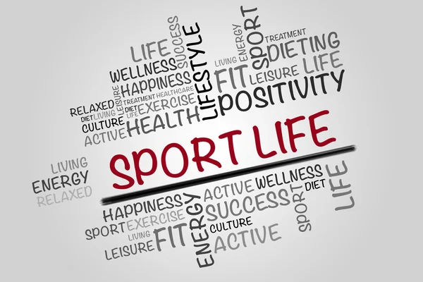 体育生活词云、 健身、 运动、 健康概念 — 图库照片