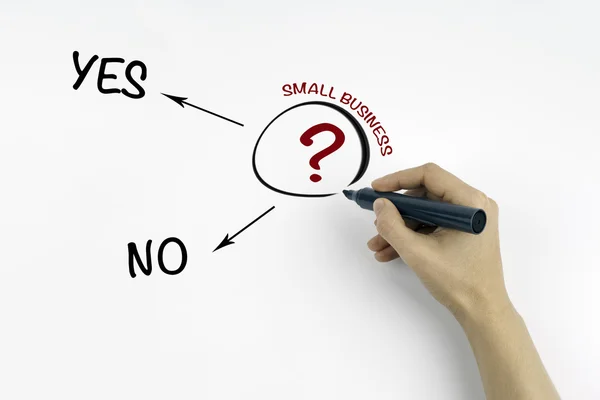 Mão com marcador escrevendo pergunta sobre Small Business — Fotografia de Stock