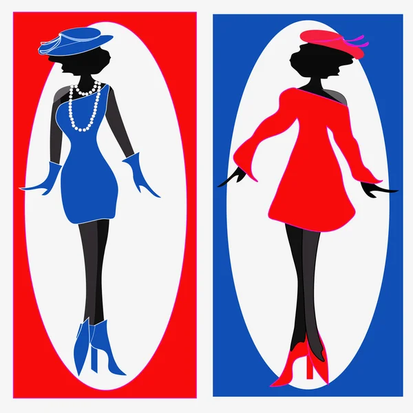 Dvě dámy v modré a červené šaty — Stockový vektor