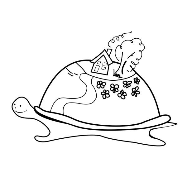 -Ručně tažené Doodle želva, která má na zádech malý worl — Stock fotografie