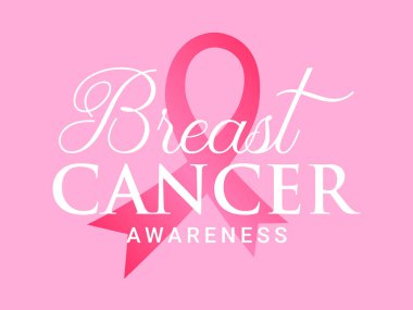 Meme kanseri farkındalığı aylığı kartı ve pembe kurdeleli. Vektör çizgi film illüstrasyonu