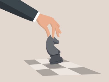 Kriz, çözüm ya da fikir konularında iş stratejisi, yatırımcı ya da şirket sahibi elinde satranç sopasıyla.