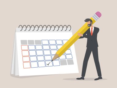 İş adamı takvime veya ajandaya not alıyor. Zaman çizelgesi, plan, etkin çalışma zamanı yönetimi, zaman çizelgesi, ofiste verimlilik kavramı. Modern düz vektör illüstrasyonu.