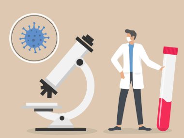 Coronavirus antivirüs tıbbi araştırma vektör çizimi, bilim laboratuarında çalışan doktor. Sağlık görevlileri koronavirüs antivirüsü aşısı yapmaya çalışıyor..