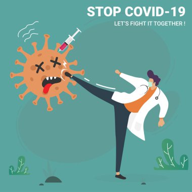 Tıbbi maske takan düz resimli adam koronavirüsü tekmeliyor. Coronavirus (covid-19) vektör illüstrasyonunu durdur. Coronavirus piktogramıyla savaşan doktor. Salgın bulaşıcı hastalık konsepti sanat posteri.