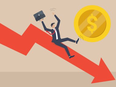 İşadamı kırmızı grafik çizelgesinden düşüyor, iflas konsepti. vektör illüstrasyonu