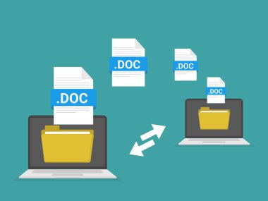 Dosya transferi. İki bilgisayar belgeleri aktardı. Dosyaları kopyala, veri değişimi, yedekleme, PC göçü, dosya paylaşım kavramlarını kopyala. Düz tasarım grafik elementler. Vektör illüstrasyonu