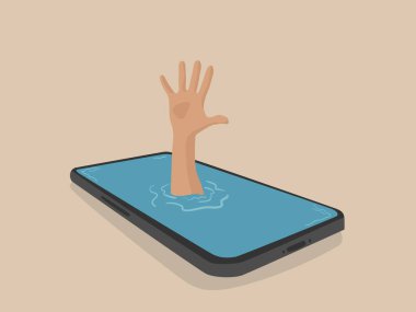 Hand get drowned in smartphone. Smartphone addiction concept. clipart
