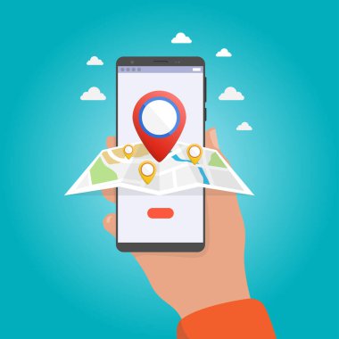 Erkek, elinde harita ve işaretleyici ile telefonu tutuyor. Mobil GPS navigasyon ve izleme konsepti. Web siteleri ve afişler için düz vektör çizimi. Dokunmatik ekran akıllı telefonundaki konum izleme uygulaması