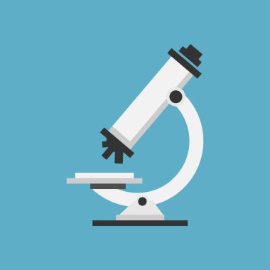 Mikroskop kenarlı vektör düz çizim. Laboratuvar araştırmaları için modern tıbbi araç veya ekipman izole edildi. Bilim araştırmaları için optik cam. Bilimsel büyütme aracı