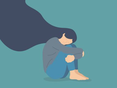 Bunalımda olan, uçan saçlı üzgün yalnız kadın. Genç mutsuz kız oturuyor ve dizlerine sarılıyor. Depresyondaki genç. Renkli vektör illüstrasyonu