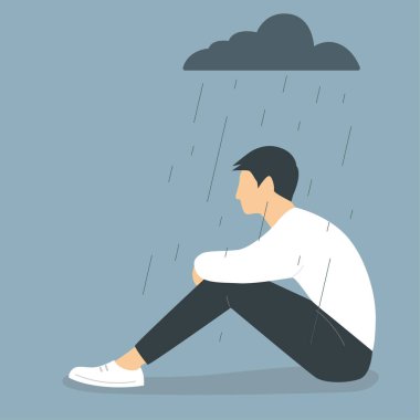 Depresyondaki genç erkek karakter yağmurun altında oturuyor ve dizlerini tutuyor, zihinsel sağlık sorunları var. vektör illüstrasyonu