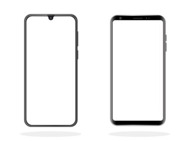 Vektör mobil cihaz konsepti. Yüksek kalite gerçekçi, çerçeveli, beyaz ekranlı akıllı telefon yok. Görsel ui uygulaması tanıtımı için model telefon. Ayrıntılı Mockup Akıllı Telefonu