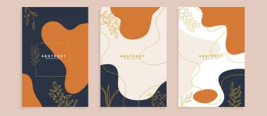 Sosyal medya hikayeleri ve yaratıcı vektör seti. Metin ve resimler için kopyalama alanı olan arkaplan şablonu. Soyut renkli şekiller, çizgi sanatı, çiçek dekoru ve yapraklar