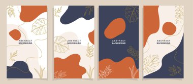 Sosyal medya hikayeleri ve yaratıcı vektör seti. Metin ve resimler için kopyalama alanı olan arkaplan şablonu. Soyut renkli şekiller, çizgi sanatı, çiçek dekoru ve yaz yaprakları.