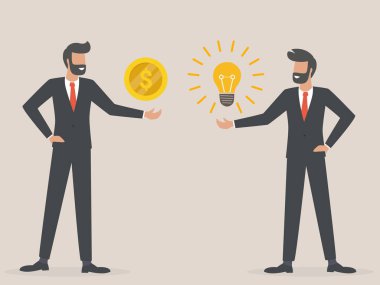 Parayla fikir alışverişi. Fikir parayla ödendi. Ticari işlem konsepti. düz tasarım illüstrasyon