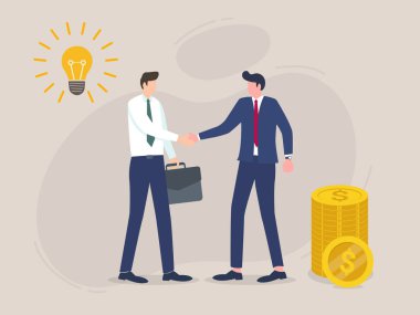 Vektör illüstrasyon, fikir ve para paylaşımı, yaratıcı ticaret, el ele tutuşan iki adam, bir teklifi kabul eden, düz tasarım.