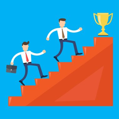 Altın kupa için yarışan iki işadamı. Kazanan kupa için yarışan iki rekabetçi iş adamı. İş yarışması konsepti. Mavi arkaplanda izole edilmiş vektör düz tasarım çizimi.