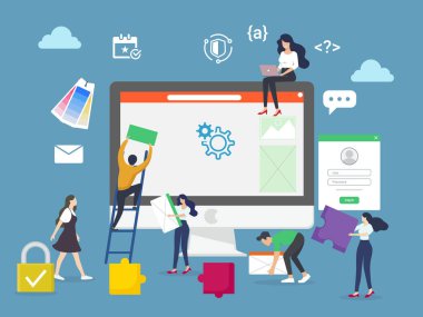 Gençler web sitesi tasarımı yapıyor. Çevrimiçi iş yeri kavramı, çalışan erkek ve kadın, çalışan, yönetici, iniş sayfası. Vektör illüstrasyonu
