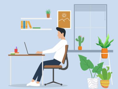 Ofiste çalışan genç bir erkek karakter, posterler ve bitkiler, rahat bir iş yeri iç mimarisi, milenyumlar