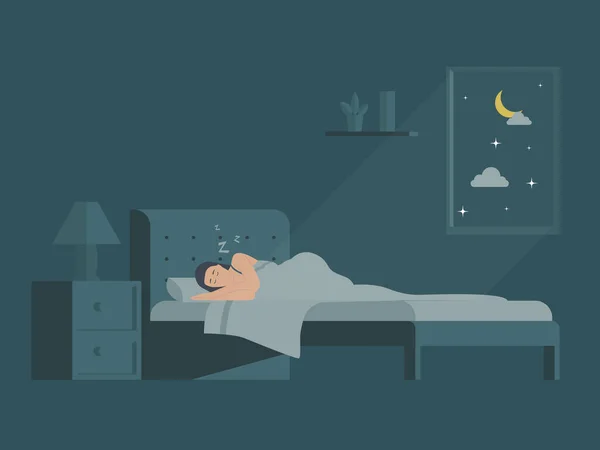 Mujer Durmiendo Cama Ilustración Vector Plano Mujer Que Duerme Pacíficamente — Vector de stock