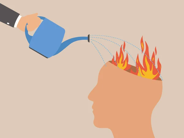 Menselijke Hand Met Gieter Die Vuur Blust Brandende Hersenen Psychologische — Stockvector